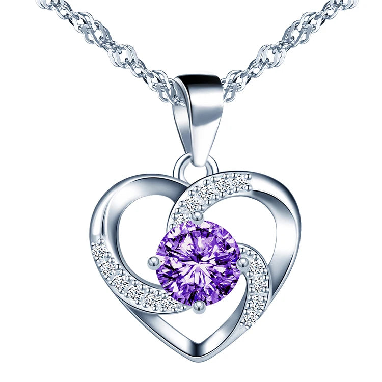 925 Silver Heart Pendent Necklace With Purple Zircorn for Women