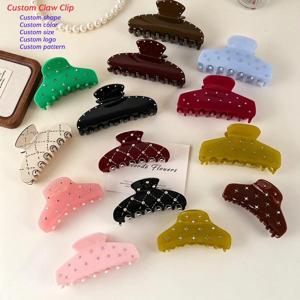 New Large Rhinestone Acetate Hair Claw Clips Jelly Color Hair Clips Custom logo High-end Elegant Women Clip Claw Accessories