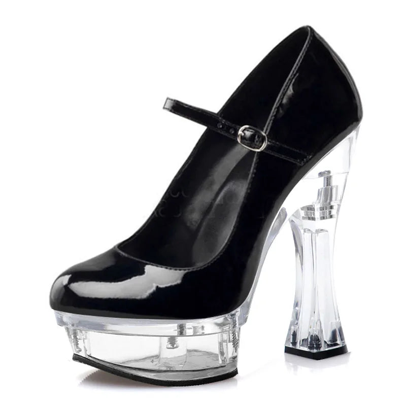 Coarse Heel Exotic Dancer 14CM High heeled shoes 7 inch Thick platform Novelty Pumps Fashion Party Dress Round patent leather