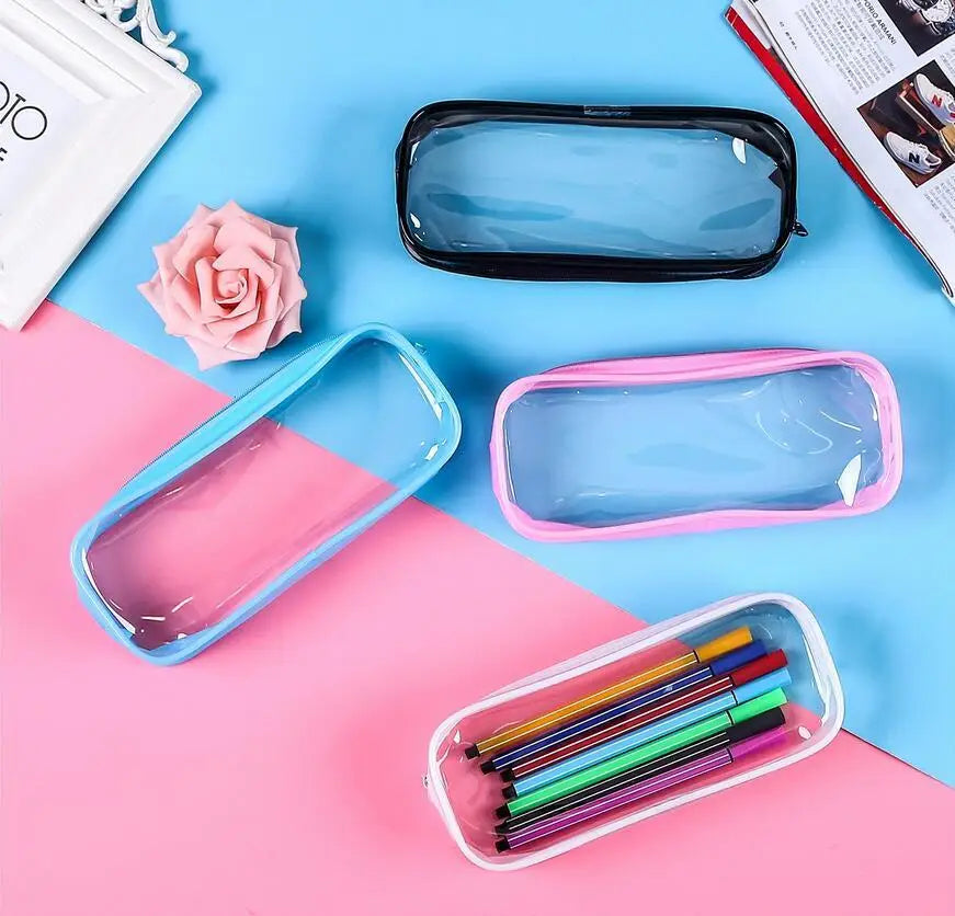 Fashionable Waterproof PVC Zipper Pen Pencil Case in Black for Pink Clear Transparent School Student Makeup Pouch Pencil Bag
