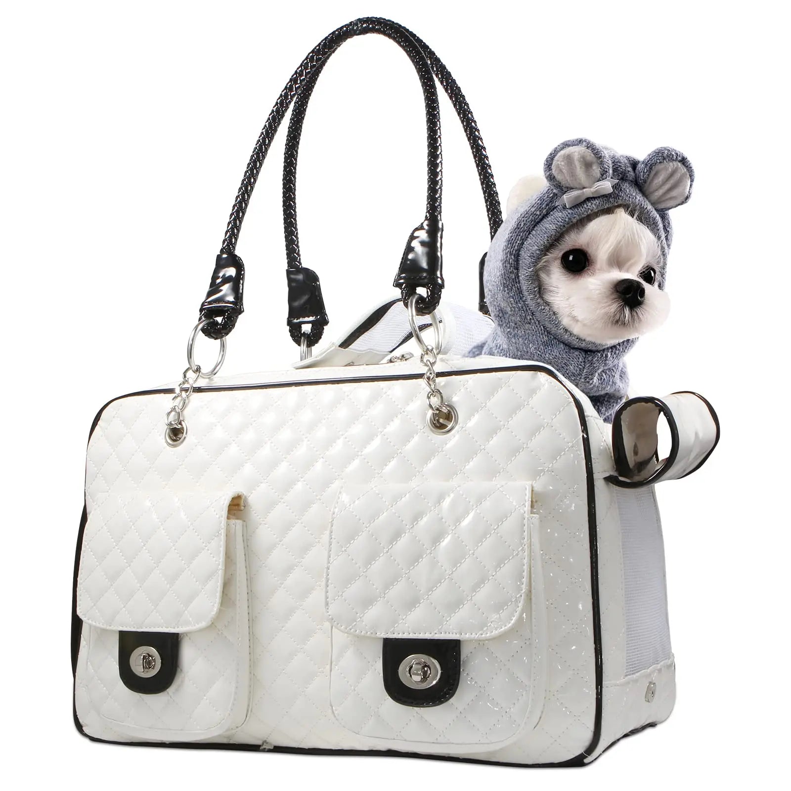 Waterproof White Shiny Patent Leather Soft Sided Pet Travel Carrier Airline Approved Collapsible Dog Bag Cat Handbag