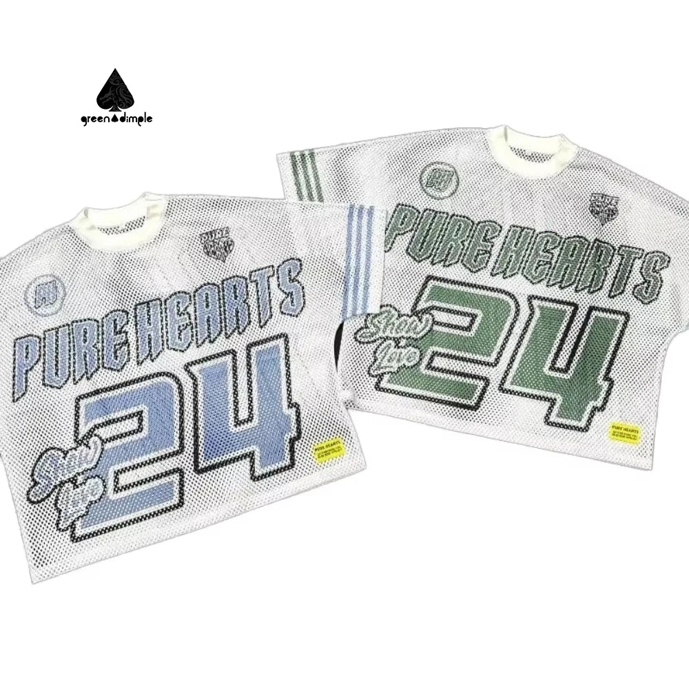 Green Dimple See Through Hollow Out T-shirt for Women Casual Loose O-neck Short Sleeve Letter Print Fashion Tops Women Jersey