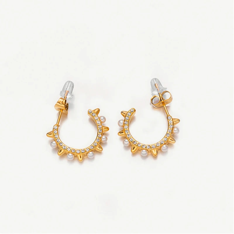 New Arrival 18k Gold Plated C-Shaped Titanium Stainless Steel Hoop Earrings with Pearls Inlay Trendy Jewelry for Women
