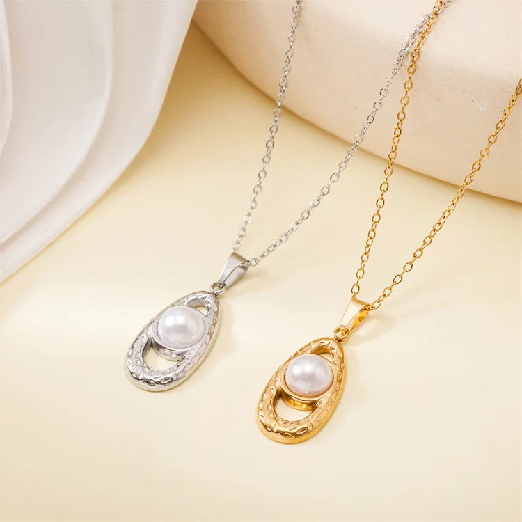 Wholesale No Fade French Stainless Steel Elegant Fashion Statement Jewelry Water Drop Geometric Pendant Pearl Necklace