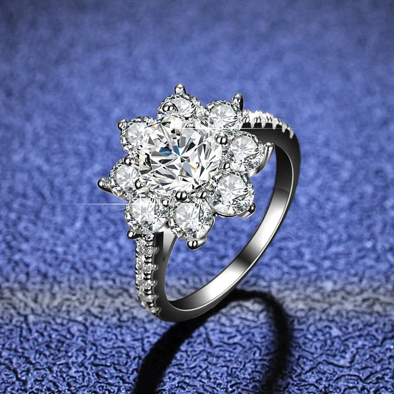 Flower Style Moissanite Diamond Silver Rings 1ct 2ct Round Shape Synthetic Moissanite CZ Gems S925 Wedding Ring Bands
