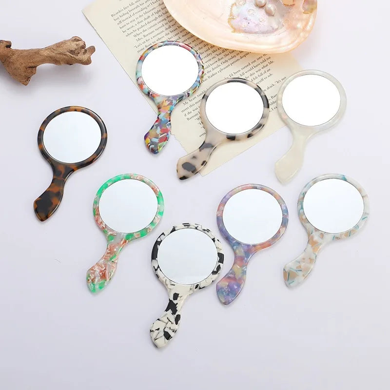 Lovely Curved Handle Makeup Mirror Vintage Acetate Compact Mirror for Women Portable Travel Cosmetic Accessory