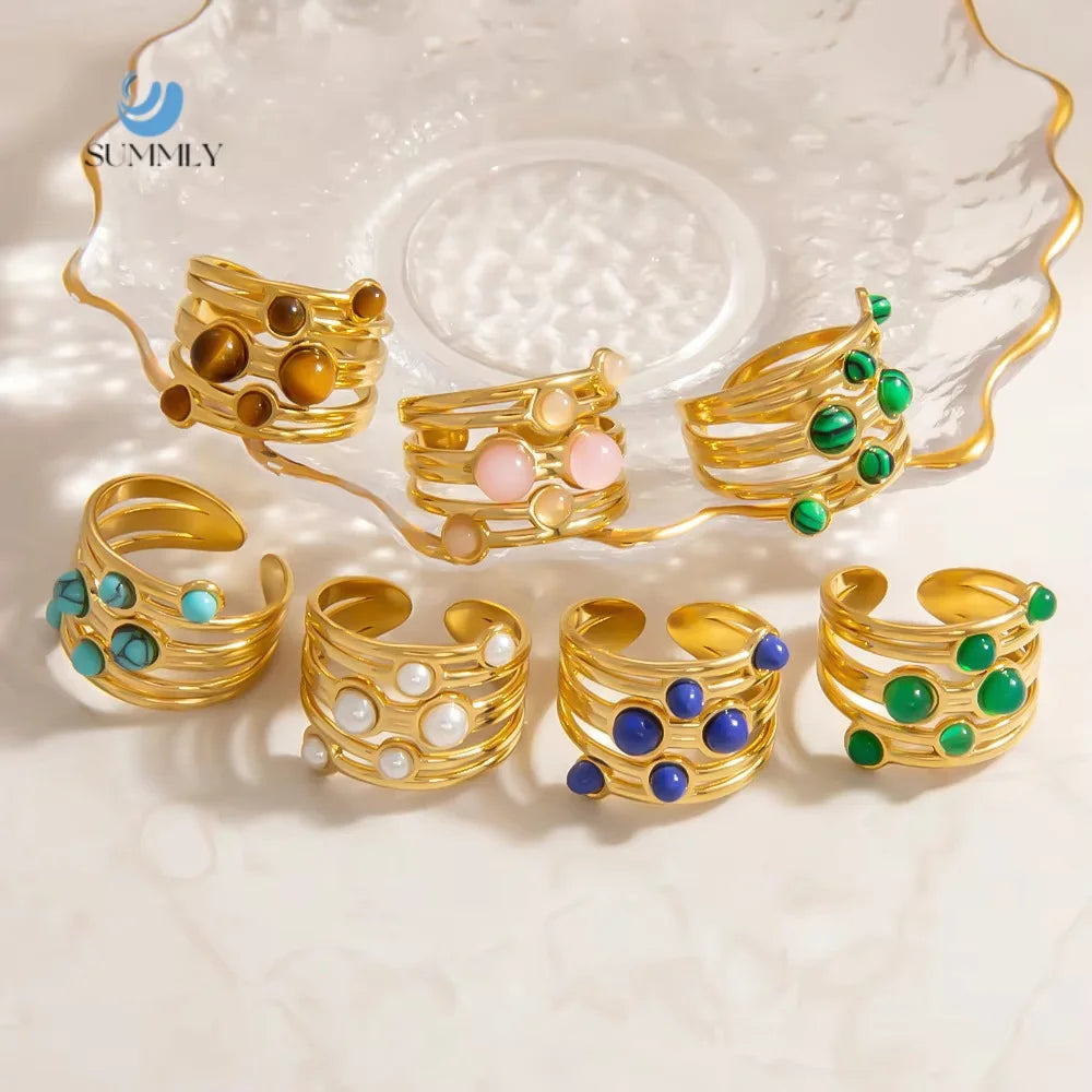 SUMMLY Trend Wholesale Fine Natural Stone 18K Gold Plated Stainless Steel Open Ring Fashion Jewelry Manufacturer