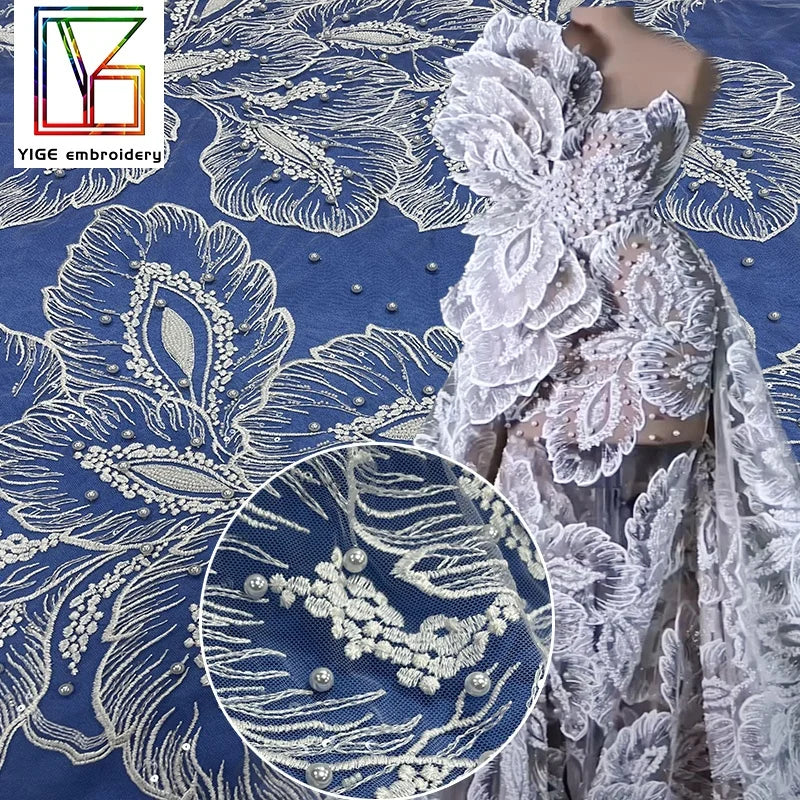 Luxury White French Wedding Embroidery Floral Sequin Pearl Fabric Bridal Wedding Dress Beading Fabrics