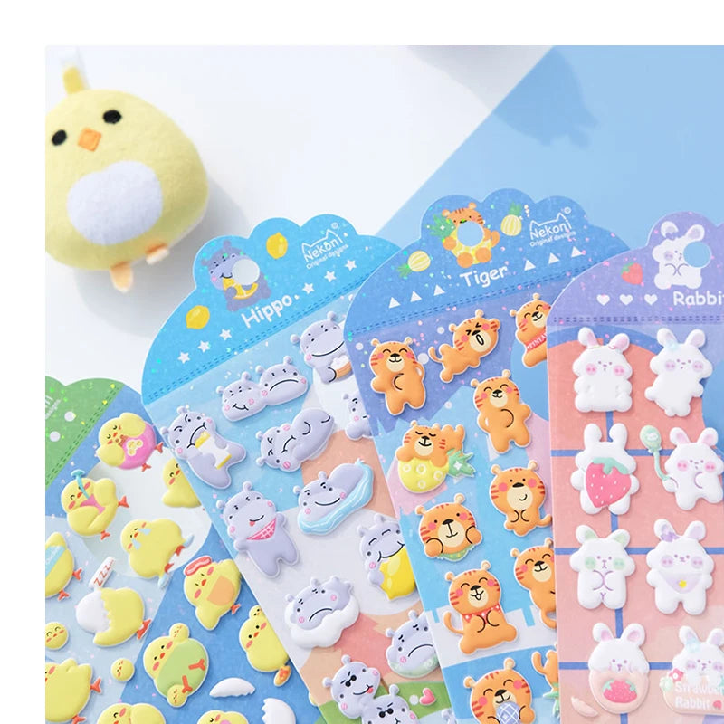 Nekoni Sparkle Bling Glitter Sticker Rabbit Hippo Tiger Chick Puffy Sticker Sheet Animal 3D Heat Transfer Printing Foam Stickers