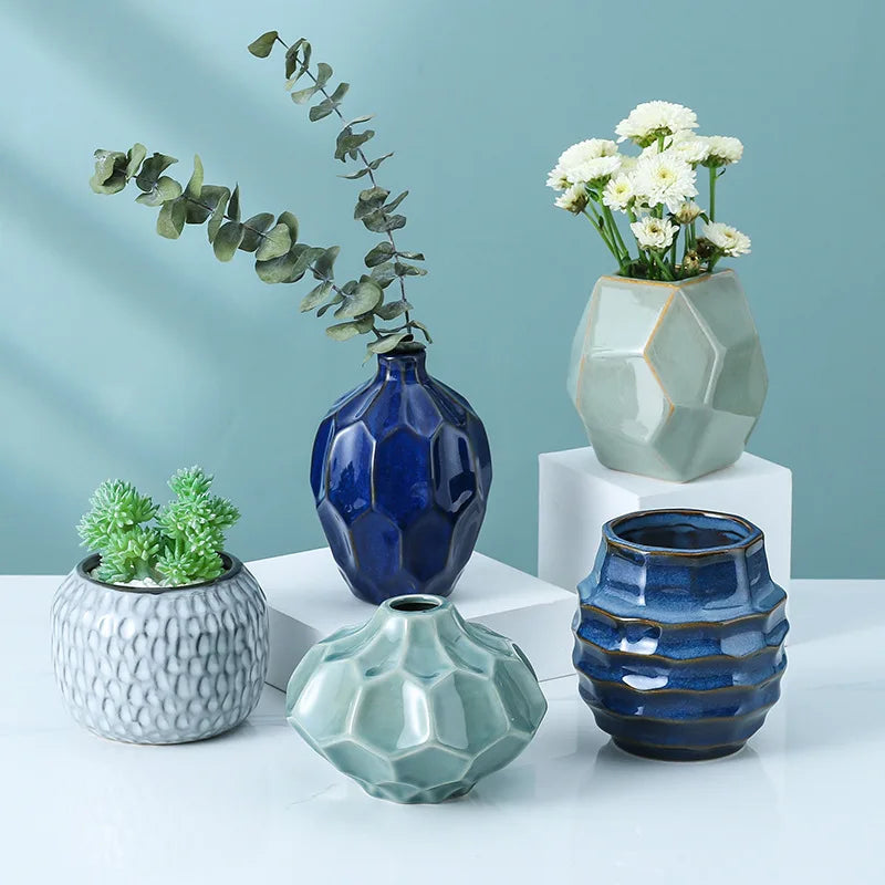 INS Blue Ceramic Small Vase Home Decoration Flower Pot Creative Hydroponic Flower Arrangement Crafts