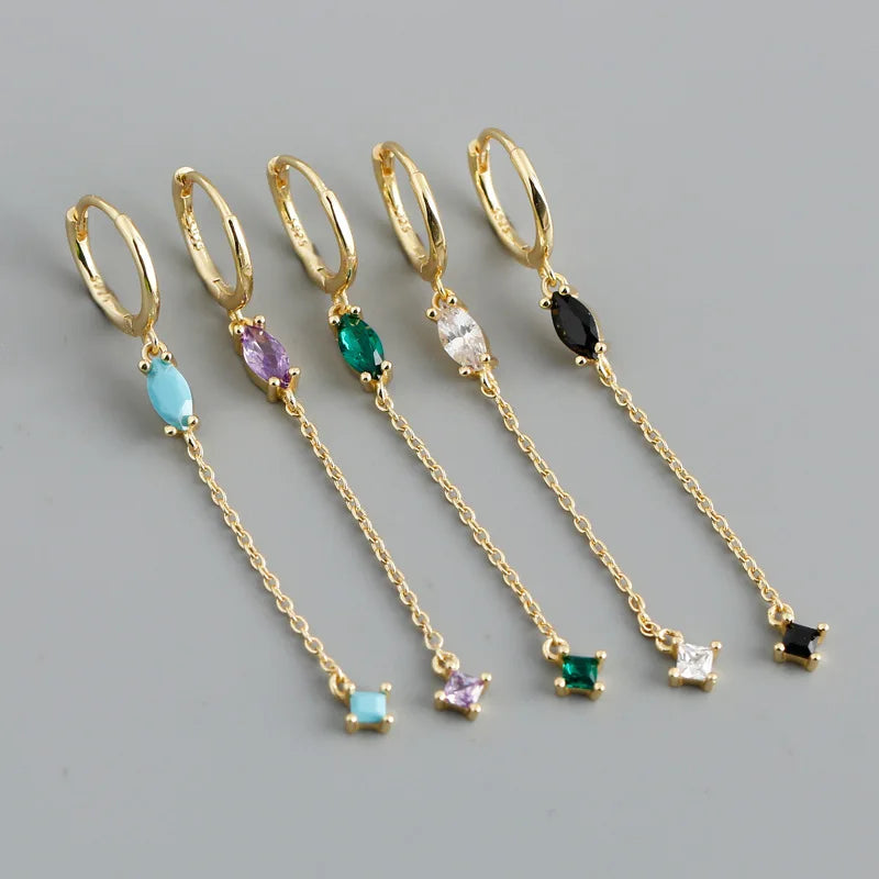 INS Personality 18K Gold Plated 925 Sterling Silver Long Tassel Hoop Earrings S925 Colourful Zircon Drop Earrings