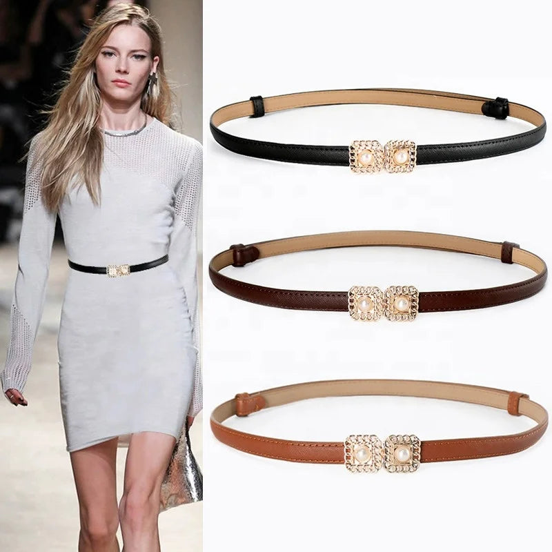 Casual Fashion Ladies Waist Belt Thin Leather with Pearl for Skirt & Coat Cow Hide Material Alloy Buckle