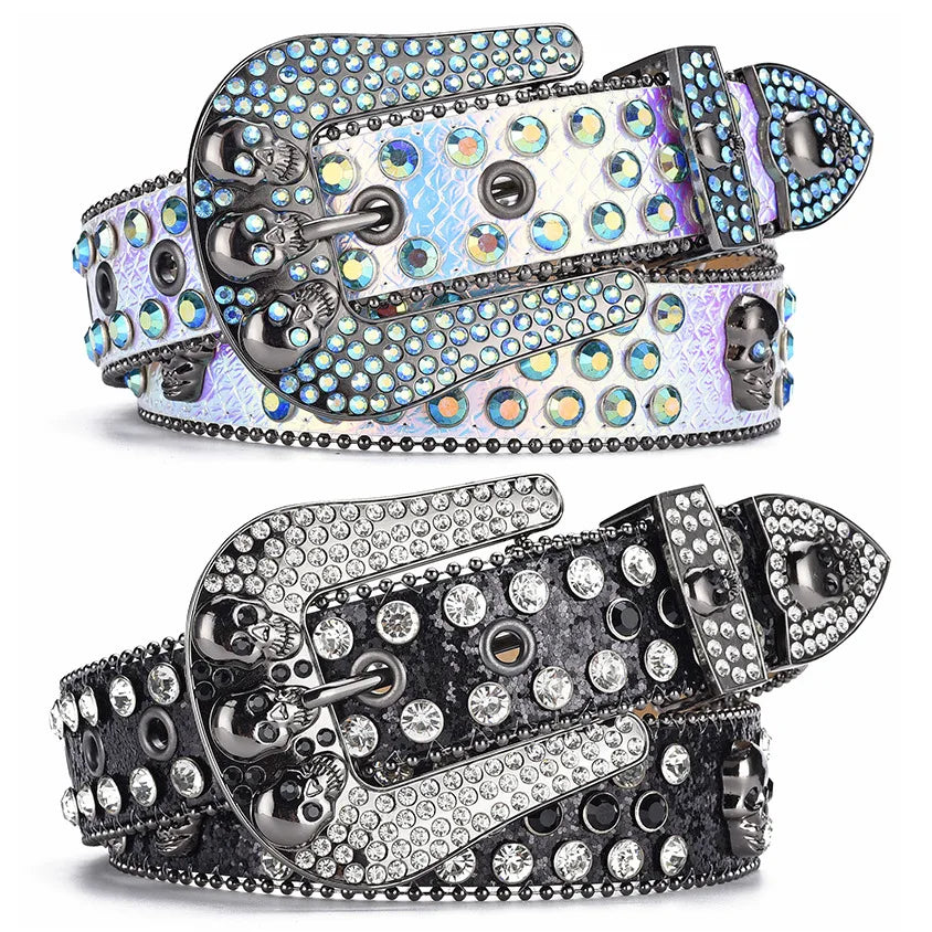 Hot Selling Faux Leather Rhinestone Belts for Women Chic Skull Design Fashion Belts MegaBDM
