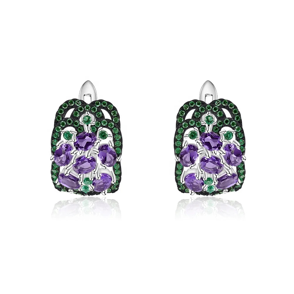 Abiding Natural Amethyst Nano Emerald Green Unique Design Engagement Anniversary 925 Sterling Silver Clip on Earrings for Women