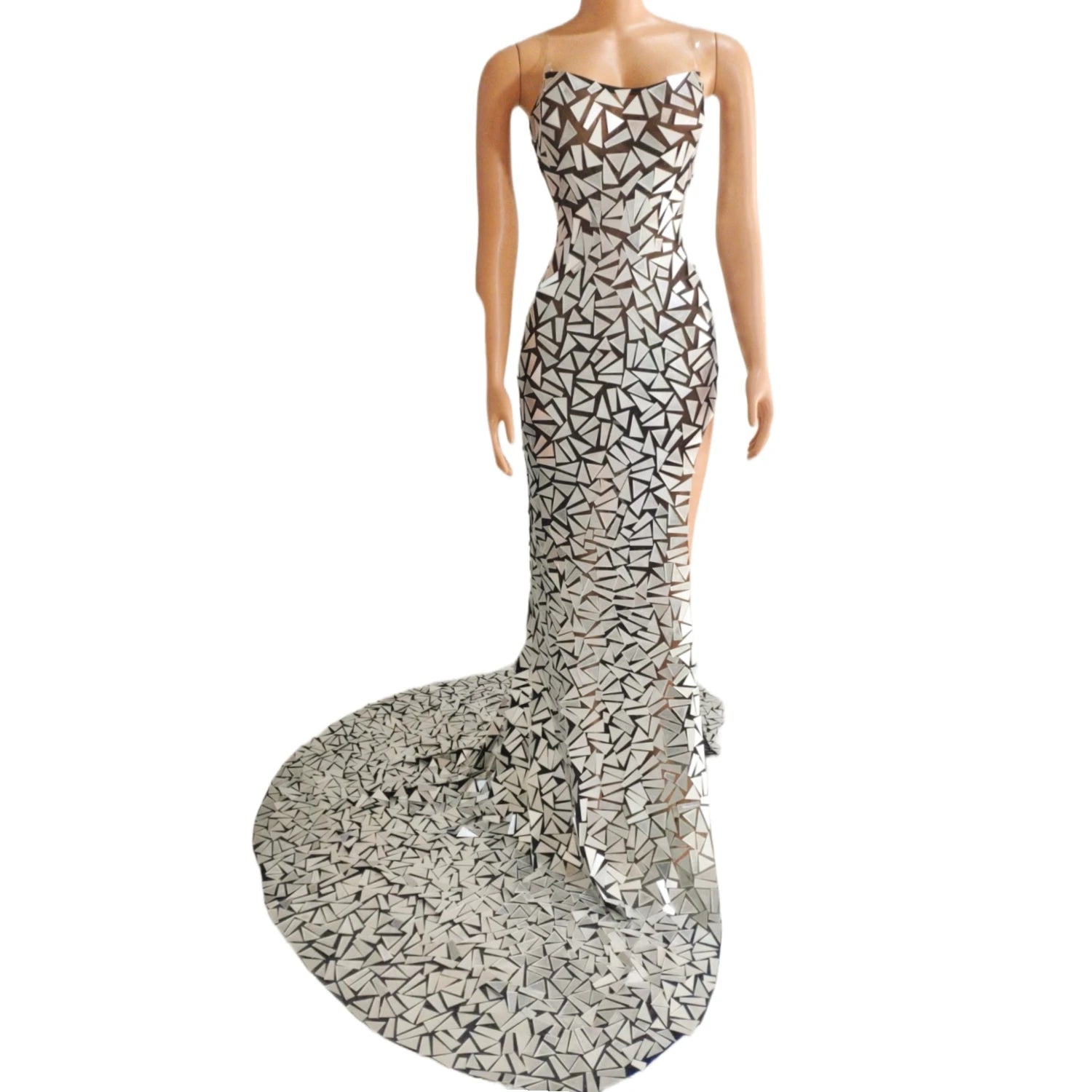 Luxury Sequins Mirror Strapless Trailing Mermaid Dress Sexy High Slit Birthday Bridal Wedding Dress Women Party Evening Dresses