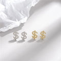 Shining Sterling Silver Gold Plated Zircon Money Sign Dollar Earrings Small S925 Silver Crystal Dollar Sign Stud Earrings