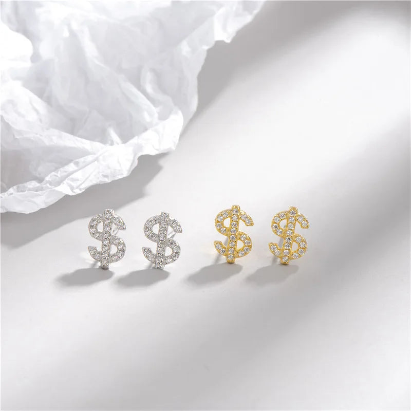Shining Sterling Silver Gold Plated Zircon Money Sign Dollar Earrings Small S925 Silver Crystal Dollar Sign Stud Earrings