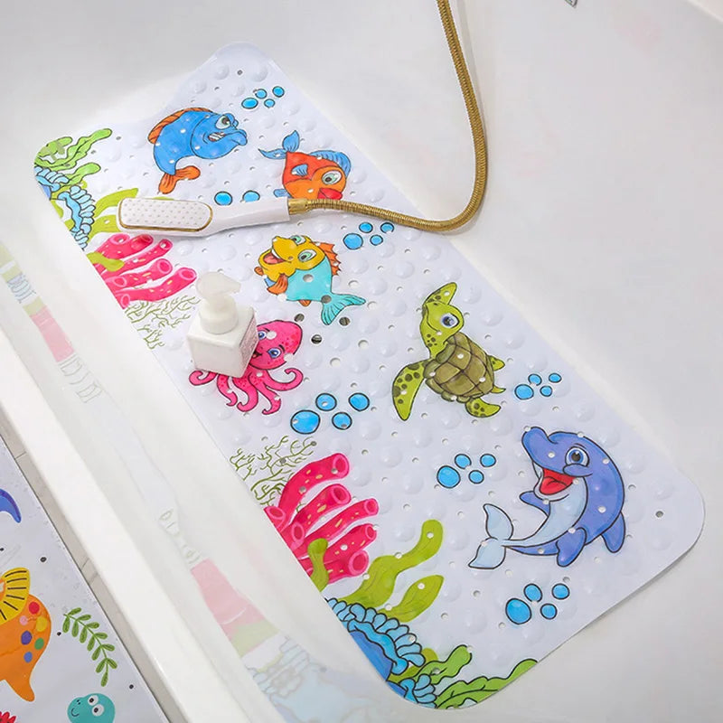 Extra Long Cartoon Print Bathtub Mat Machine Washable Suction Cups Drain Holes Bath Mats Non-Slip Shower Mat for Bathroom Safety