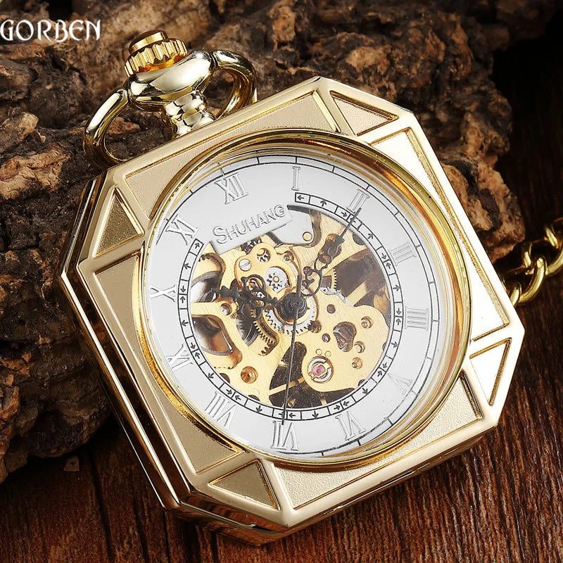 Luxury Golden Square Design Mechanical Pocket Watch with FOB Chain Sculpture Skeleton Steampunk Hand Wind Mechanical Mens Watch