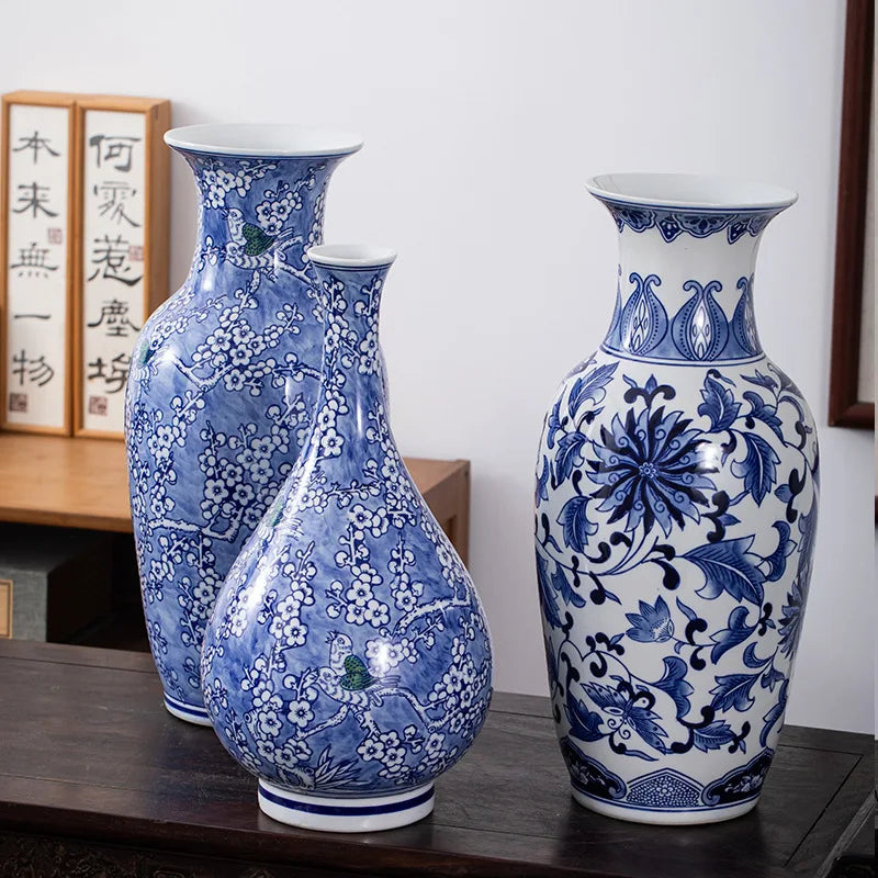 2024 New Chinese Blue & White Porcelain Vase - High-Quality Ceramic Decoration for Living Room Ideal for Green Plants & Flowers