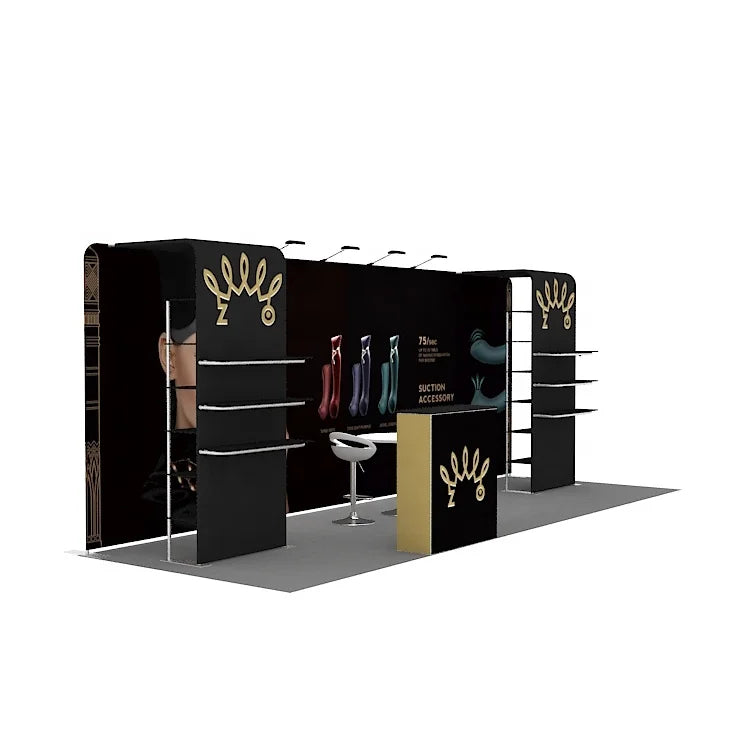 Portable 10x20 Aluminum Frame Custom Fabric Print Shelf Display Modular Tradeshow Booth