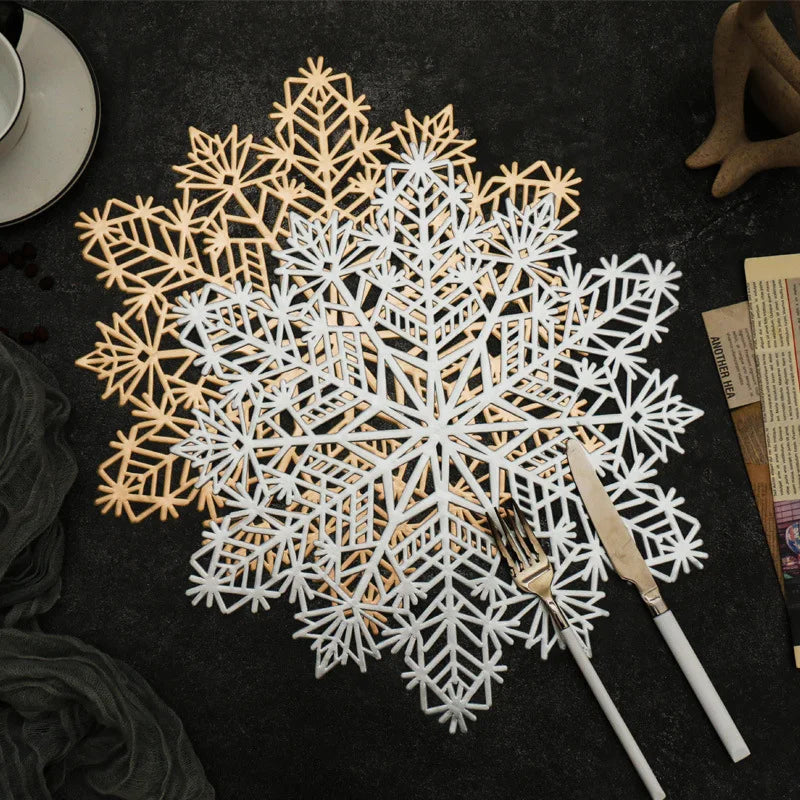 Christmas Gold Silver Snowflake Table Mat PVC Pad Cup Coaster Placemat Utensils for Kitchen Accessories Coffee Tables Tableware
