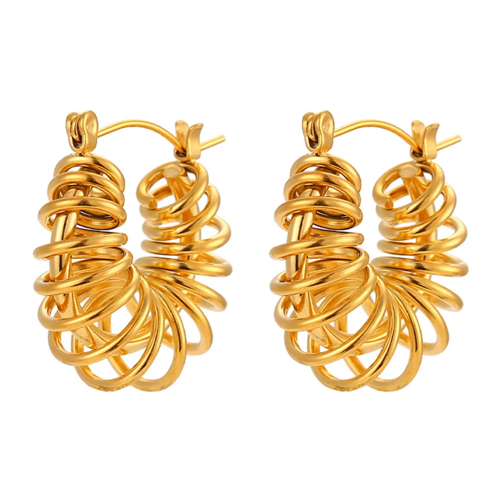 Minimalist Waterproof Stainless Steel Round Hollow Geometric Unusual Jewelry 18K Gold Winding Chunky Hoop Earrings for Women