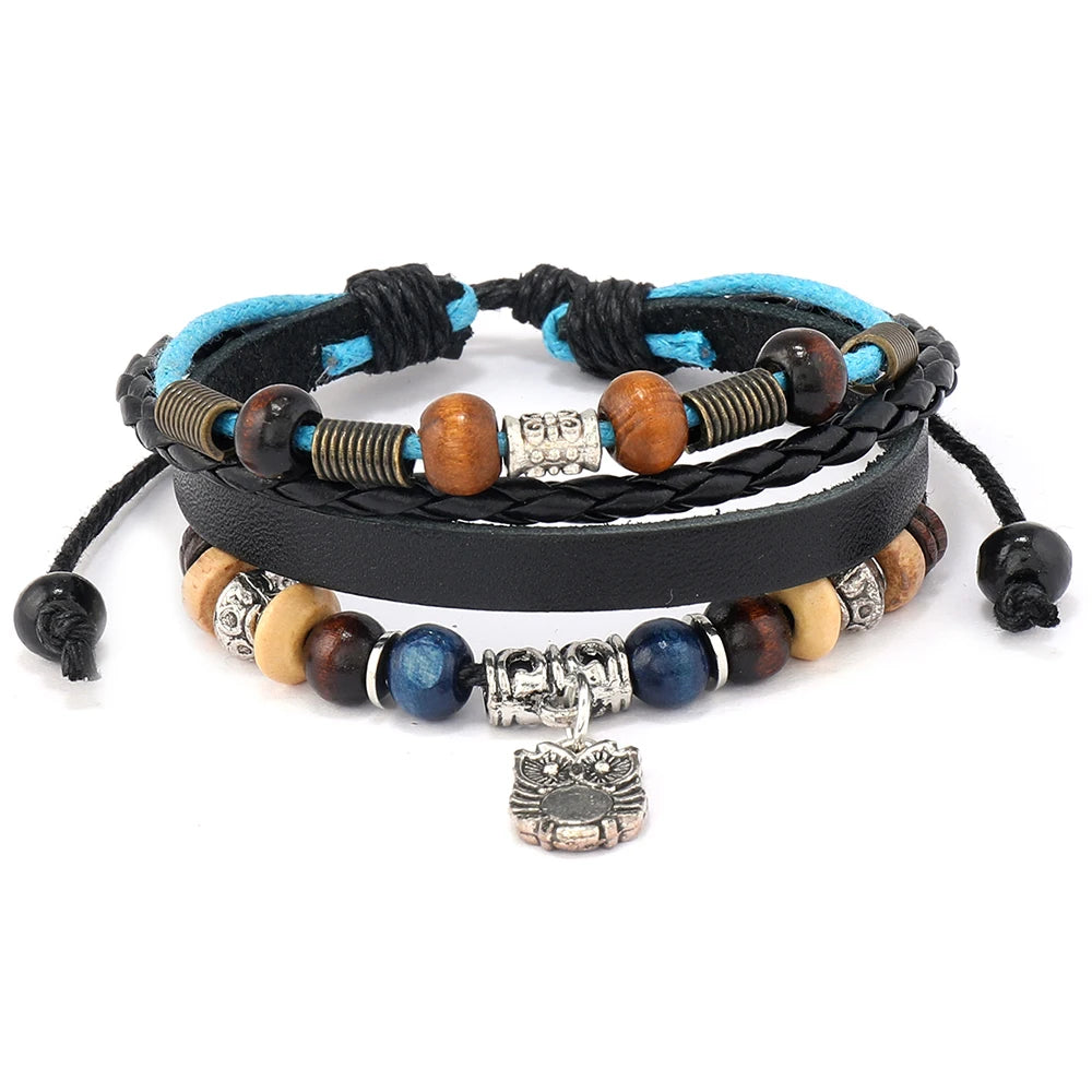 Wholesale New Fashion Jewelry Alloy & Leather Charm OWL Pendant Adjustable Bracelets for Unisex Gift