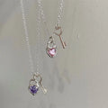 GT S925 Sterling Silver Heart Forever Choker White Gold Amethyst Pink Heart Key Padlock Necklace for Women Girls