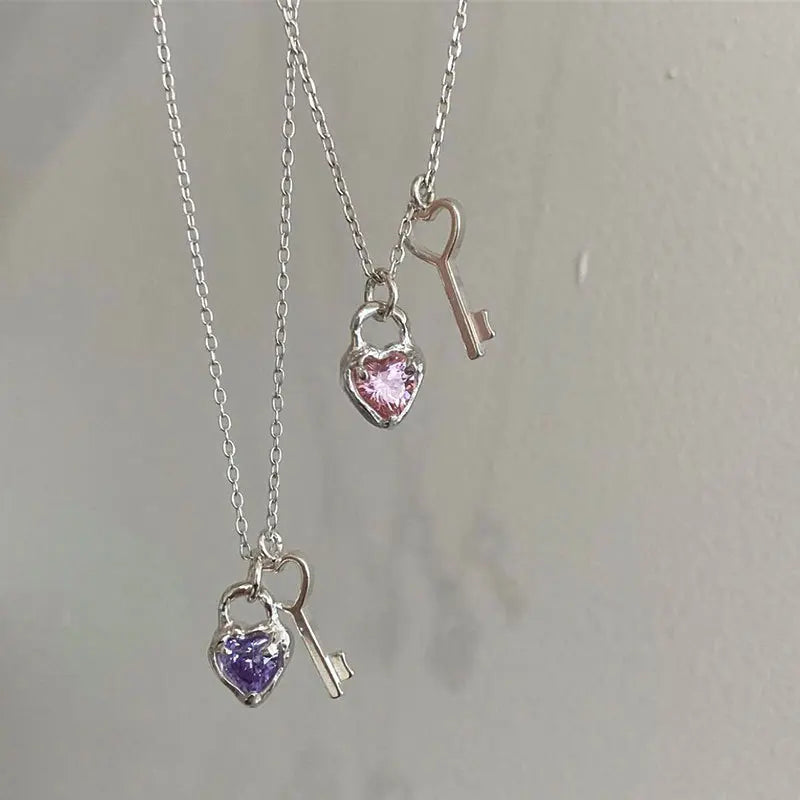 GT S925 Sterling Silver Heart Forever Choker White Gold Amethyst Pink Heart Key Padlock Necklace for Women Girls