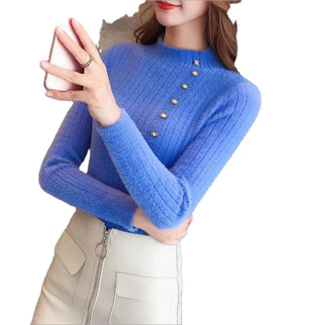Faux Mink Velvet Button Bottom Slim Sweaters Women Warm Knitted Sweater Pullover Female Spring High Collar Solid Color J0229-1