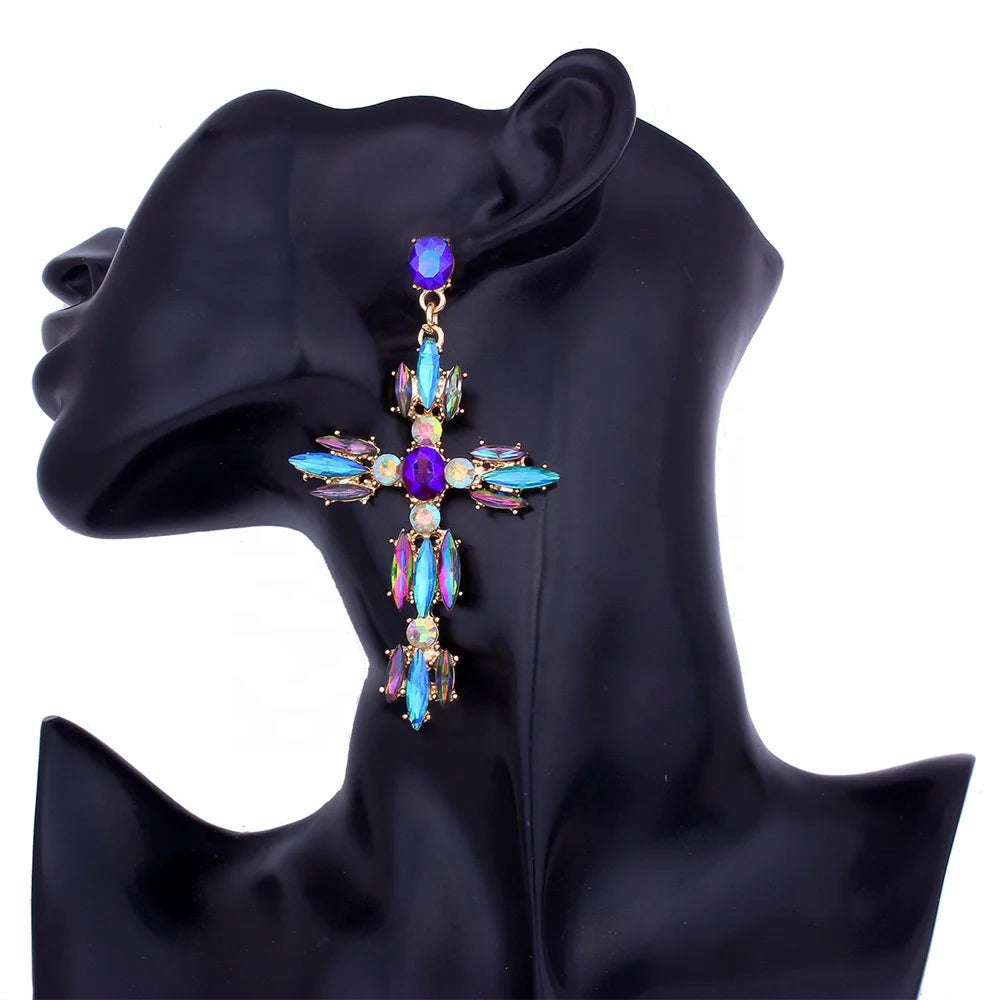Big Cross Children's Statement Earrings Large Crystal Dangle Rhinestone Antique Gold Plated Alloy Geometric Fashion Jewelry