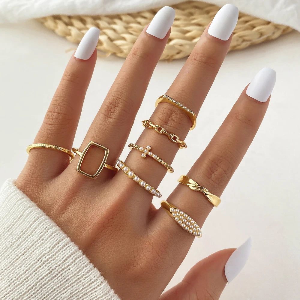 VKME 8Pcs/Set New Design Geometric Hollow Pearl Ring Set