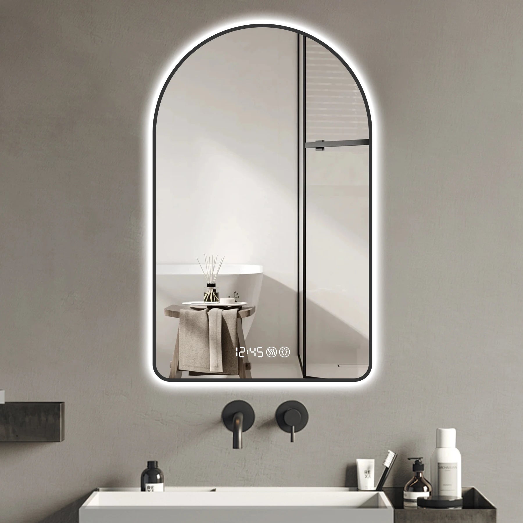 US 28"x48" Black Frame Vanity Light Mirror Anti-Fog Dimmable Time Temperature LED Backlight for Bathroom Sink Hotels Apartments