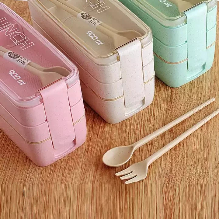 OEM ODM Outdoor Picnic Portable Three-layer Wheat Straw Lunch Box for Kids