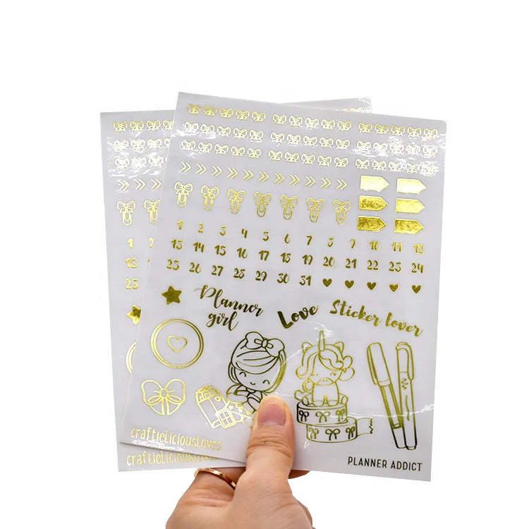 Custom Kiss Cut Gold Foil Transparent Sticker Sheet for Planner
