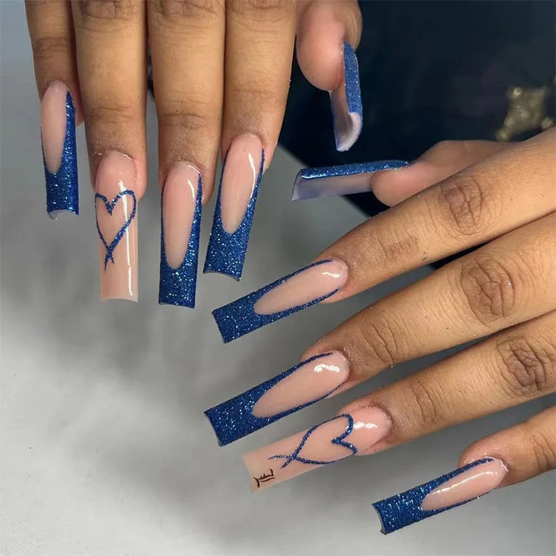 Popular Full Cover French Long Ballerina Acrylic False Nails 24pcs Long Love Blue Fake Nails Press on Nails French Tip