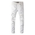LEDUO White Men's Denim Pencil Pants Streetwear Style Distressed Ripped Jeans