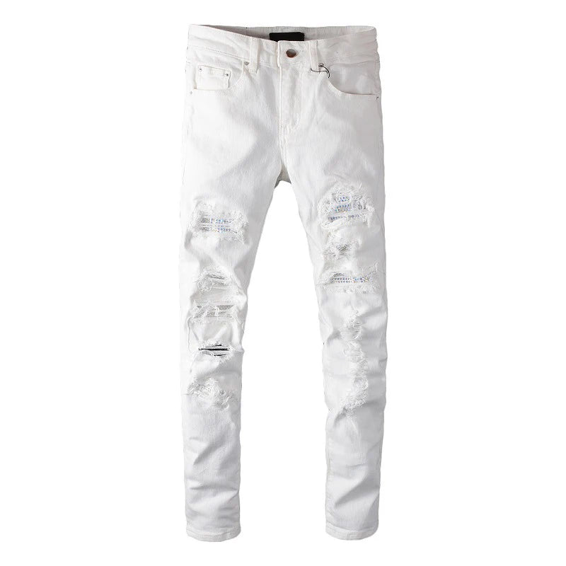 LEDUO White Men's Denim Pencil Pants Streetwear Style Distressed Ripped Jeans