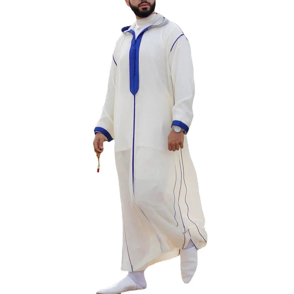 2024 Slim White Loose Lapel Men's Ordinary Long-Sleeved Fashion Pullover Casual Spot Printed Cotton Muslim Robe