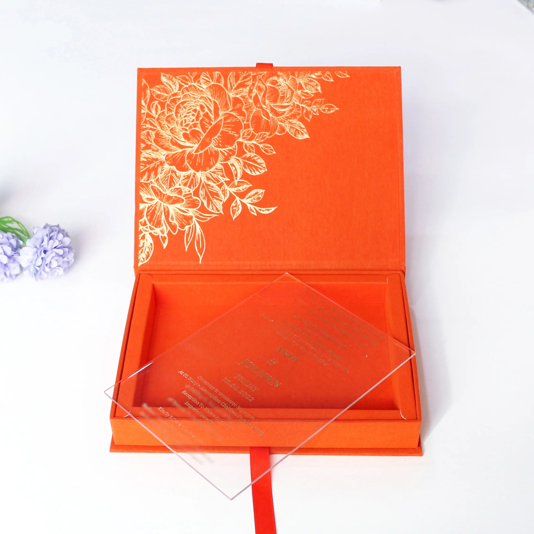 Custom Color  Elegant Wedding Invitations Acrylic Cards with Velvet Wedding Invitation Box