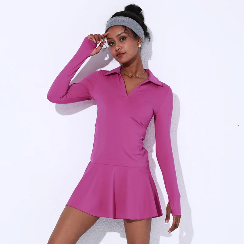 Long Sleeve V-neck One Piece Skirt for Girls Slim Fit Suit Gym Running Sports Wear Lawn Tennis Dress Custom logo Women Jerseys