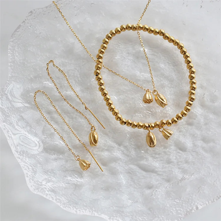 Cute Korean Style Small Charm Lotus Flower Stainless Steel Jewelry Set