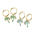 Luxury 925 Sterling Silver Jewelry Gold Plated Turquoise Huggies Earrings Rhinestone Coconut Tree Charm Hoop Earrings