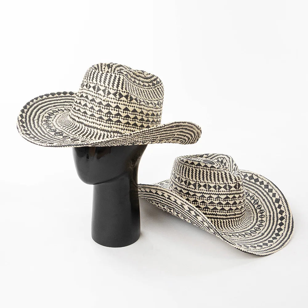2025 Summer New Fashion Black White Two Tone Design Hand Weave Paper Straw Hat Big Brim Western Cowboy Hats for Women Outdoor