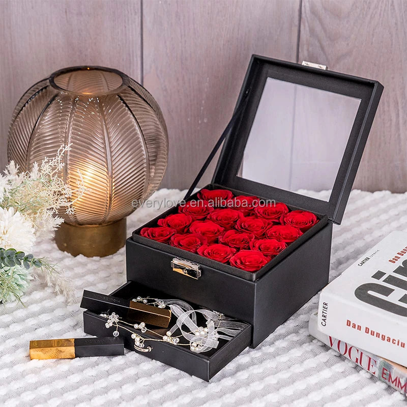 Every Love Forever Eternal Longlife Never Withered 16 Red Preserved Roses in Leather Jewellery Box for Girl Friend