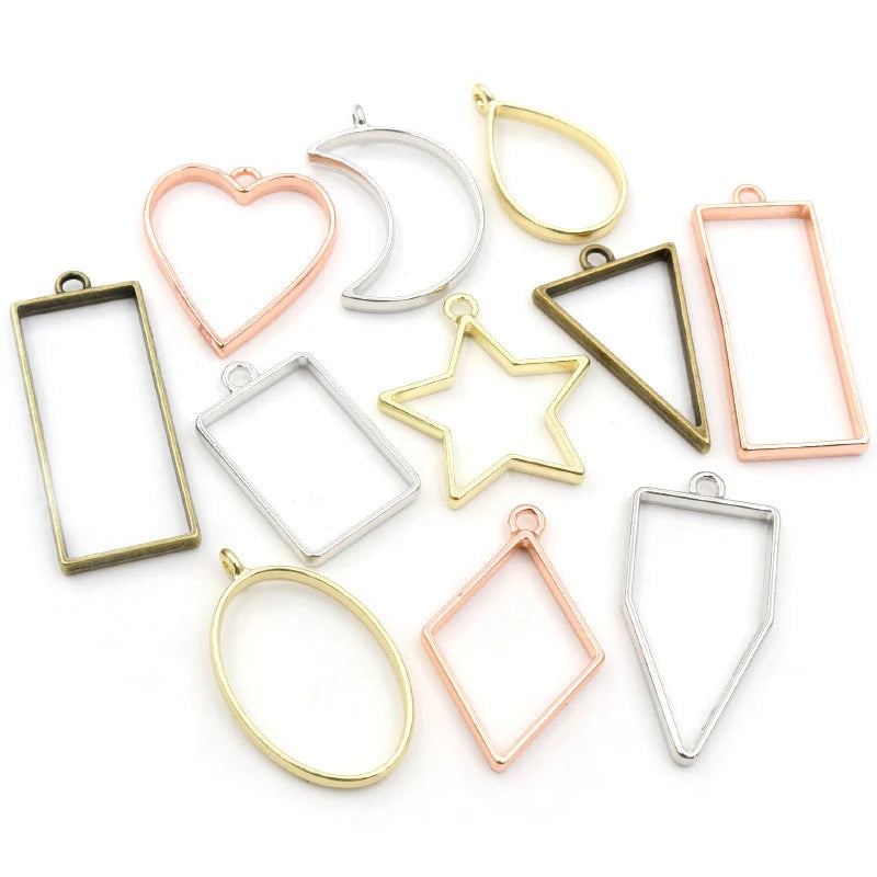 10pcs/Set Bronze Rhodium Gold Color High Quality Geometric Figure Charm Photo Frame Hollow Glue Pendant Charms DIY Handmade