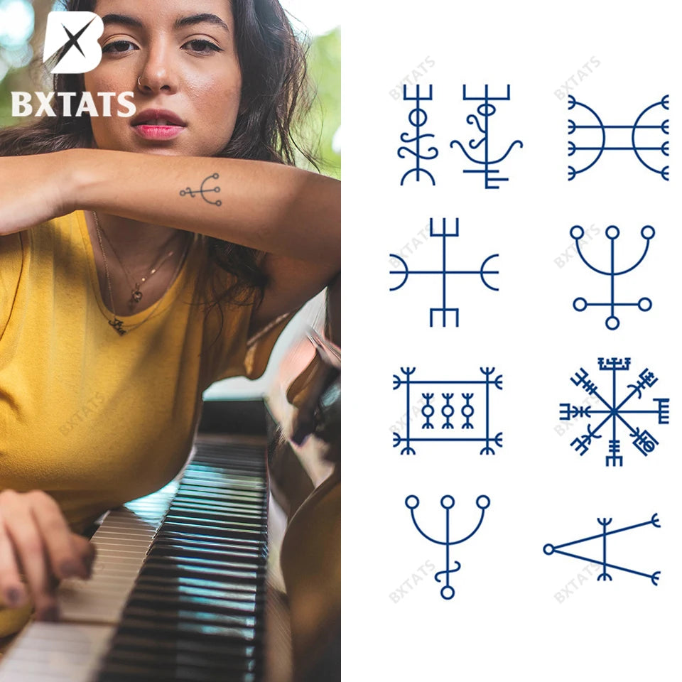 BXTAT Semi Permanent Blue Genipa Juice Tattoos of Triangle Cross Earth Sketches LinesLet'S Race 299 Speedometer GZ079to84