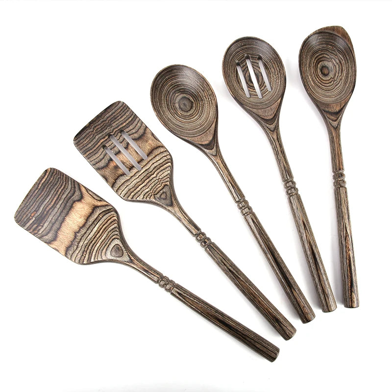 Premium Black Wooden Cookware Utensil Set Long Handle Spoons & Spatulas for Non-Stick Pans High Temp Resistant Kitchen Tools