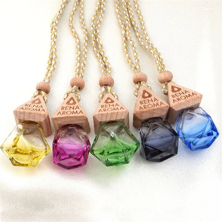 Empty Colored 8ml Glass Perfume Refillable Hanging Car Fragrance Bottle Wood Hanging Car Aroma Diffuser with Wooden Lid